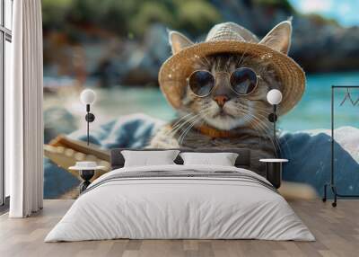 Smart cat wearing glasses and straw hat, reading a book on a beach with ocean in background. Tropical vacation, beach, travel, cruise, summer, relaxation, animals, ocean, fun, leisure, wildlife. Wall mural