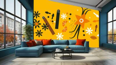 Spices and herbs collection. Abstract horizontal banner with colorful doodles. Cardamom, brown anise flower, cinnamon, vanilla, cloves, pepper. Spices for baking and cooking. Bright backdrop Wall mural