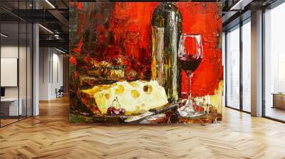 Still life on a bright red background. A bottle of good wine, a glass, cheese and a sweet cherry are depicted, painted in the expressive manner. Palette knife technique of oil painting and brush. Wall mural