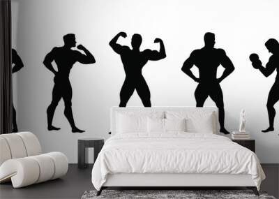 Strong man showing muscles silhouette. Muscular bodybuilder full length body set vector illustration Wall mural