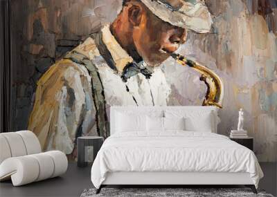 Stylish jazz band playing music on the scene, background is brown. Close-up fragment of  oil painting and brush. .The jazzman plays the saxophone. Wall mural