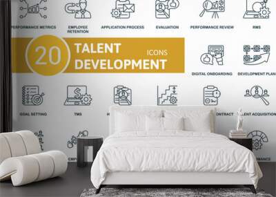 Talent Development thin line icon set. Performance Metrics, Employee Retention, Application Process, Evulation, Performance Review, Rms, Digital Onboarding, Development Plan, Goal Setting, Tms icons Wall mural