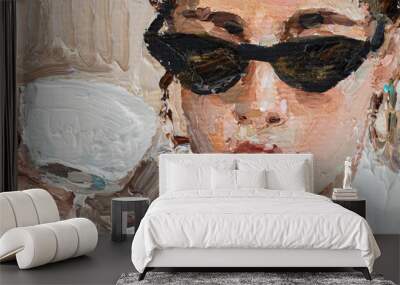 The girl in black glasses and a white robe. A towel is tied on her head. A woman is drinking coffee. Oil painting on canvas. Wall mural