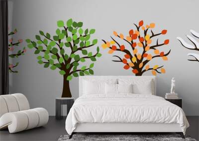 Tree in four season graphic design. Pink blossom, orange leaves, white snow and green leaves. Isolated vector illustation for each time year. Wall mural