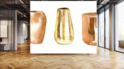 Watercolor gold vases, isolated on white background Wall mural