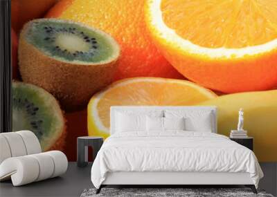 Website banner with kiwi, oranges, lemon, apple and bananas. Set of ripe fruits with selective focus Wall mural