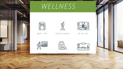 Wellness outline icons set. Creative icons: vitamins, weight loss, increase energy, healthy diet, stay fit, jogging, daily walk, supplements, exercise plan, enough sleep. Wall mural