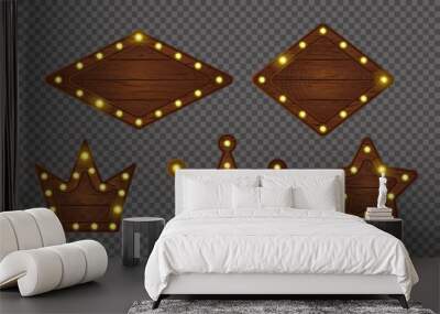 Wood crown light bulb sign board vector retro frame. Wood star game plank banner with led lit. Neon game ui signboard with timber texture isolated on transparent background. Message interface plate. Wall mural