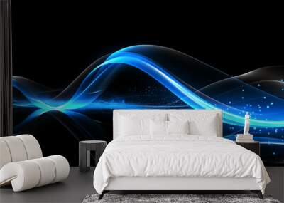 Abstract blue glowing waves with light particles on dark background Wall mural