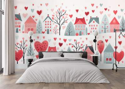 Cute watercolor houses with trees and hearts on white background, cozy holiday village card, scandinavian style illustration, artistic doodle. Wall mural