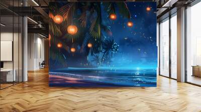 Illuminated tropical beach with lanterns and starry night sky banner. Panoramic web header. Wide screen wallpaper Wall mural