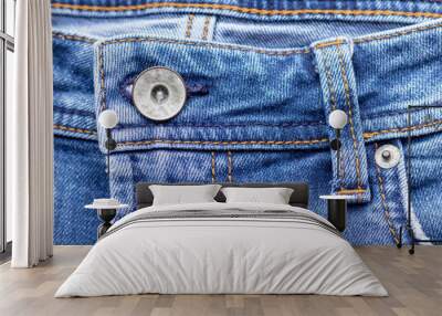 Jeans front with button and pocket. Bright blue denim fabric texture background. Closeup view Wall mural