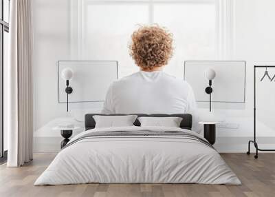 Male sitting at desk with two blank monitors, back view, workspace environment Wall mural