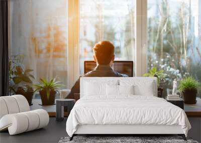 Man working on computer in cozy home office with natural light. Back view. Remote work from home, telecommuting, freelance Wall mural