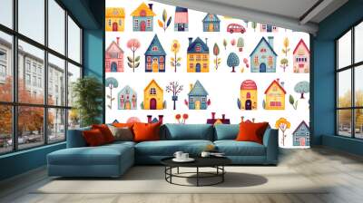 Set of different watercolor colorful houses isolated on white background. Clipart bundle, hand drawn set, tiny core, cute cartoonish design Wall mural