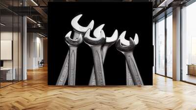 Steel wrenches isolated on black background closeup. Beautiful photo for a poster in a car workshop. Selective focus Wall mural