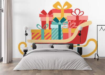 A red sleigh filled with presents is shown on a white background. Concept of joy and excitement, as the presents are piled high and ready for the holiday season. The bright colors of the sleigh Wall mural