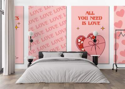 Set of minimalism cards with heart-shaped box of chocolates and two glasses of champagne for Valentine's Day. Wall mural