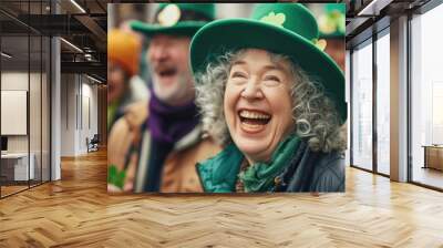 A senior woman in vibrant green attire, including a hat with shamrock motifs, is captured laughing joyously amidst a group of people celebrating a festive event. Wall mural