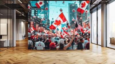 Celebratory Crowd Waving Canadian Flags on City Street Wall mural