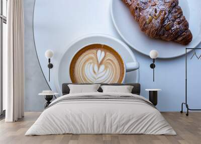 Classic French almond croissant and coffee white cup with cappuccino Wall mural