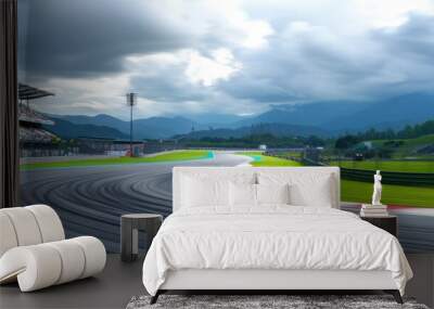 Dramatic Race Track Under Stormy Sky with Mountain Backdrop Wall mural