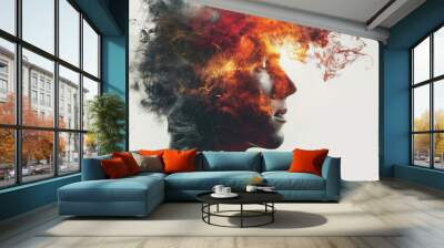 Explosive creativity in a double exposure showcasing a devoted mind. Wall mural