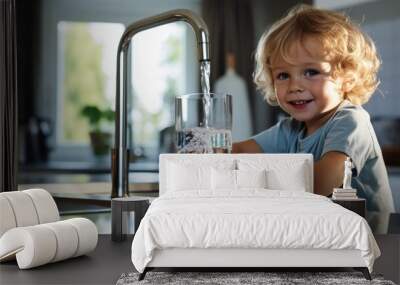 small blonde kid with glass of water. water is pouring from tap Wall mural