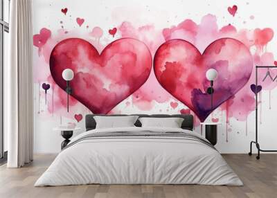 Two pink hearts on white background, Watercolor post card for Valentine day Wall mural