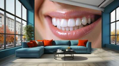 White teeth close up, beautiful smile of healthy woman. Wall mural