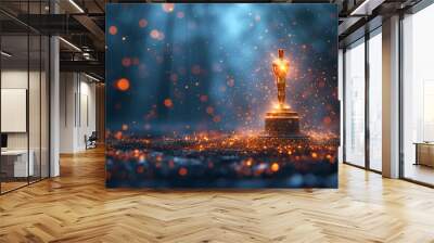 Award, statuette, Oscar, cup for achievements in spotlights, golden shiny background Wall mural