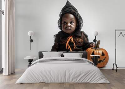 Black American child in Halloween costume with pumpkin isolated on white background. Generated Ai Wall mural