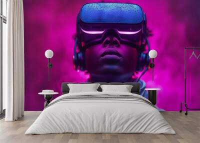 Portrait of  Black man Generation Alpha with wearing VR glasses. Pink colors Wall mural