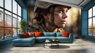 Serious female adult soldier in a soldier's uniform in a soldier's uniform on a mission. Woman at the battlefield wearing camouflage uniform. Generative AI Wall mural