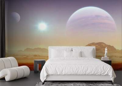 realistic illustration of science fiction cinematic image of planet with dark blue, purple and yellow sky with sun, stars, two distant moons, red rock and sand desert surface and mountains in distance Wall mural