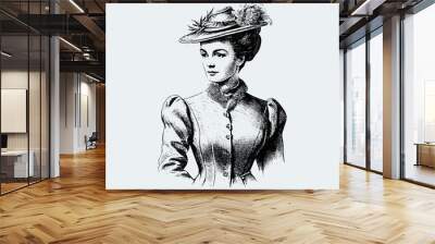 A noble lady in a hat is drawn in pencil on a white background. Engraved drawing. Beautiful woman. Black and white style. Fashion of the 1900s. Vintage. Vector illustration Wall mural