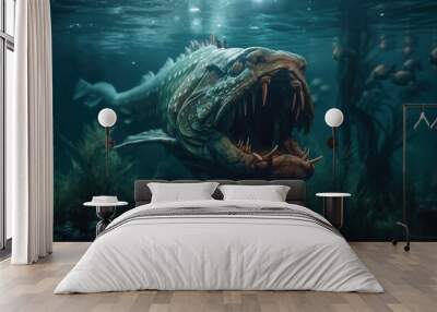 Big monster fish with open mouth and big teeth. Creepy fish living in the depths of the ocean. Monster fish. Fantastic fish. Generative AI Wall mural