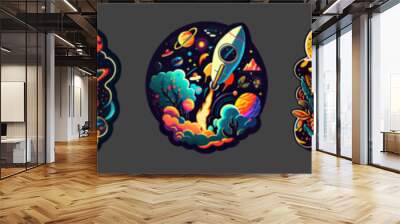 Cartoon psychedelic retro space sticker flat style on black background. Space dark set of bright stickers. Rocket, astronaut, space, planet, stars. Surreal art bright illustration. Vector illustration Wall mural