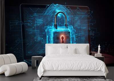 Cyber security of personal data on a laptop. Protecting personal data on a computer or internal network. Protection against hacker, phishing, DDoS attacks. 3D realistic illustration. Generative ai Wall mural