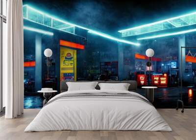 Futuristic gas station. Steampunk background. Sci-Fi, cyber-city style gas station. Cyberpunk. Generative AI Wall mural