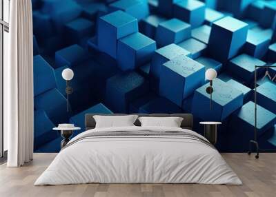 Futuristic minimal blue banner with geometric shapes. Background made of cubes of different levels. Big Data Wall mural