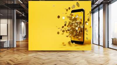 Mobile phone with falling gold coins. Mobile app banner for online banking or loan service Wall mural