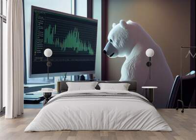 The bear trades at the computer in the stock market. 3D illustration of a bear who sits on a chair in the office and trades in shares. The concept of lowering shares in the stock market. Generative ai Wall mural