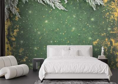 Christmas Winter and New Year snow covered fir with holly background. Natural festive border on grunge green. Traditional Xmas nature composition for the holiday season. Wall mural