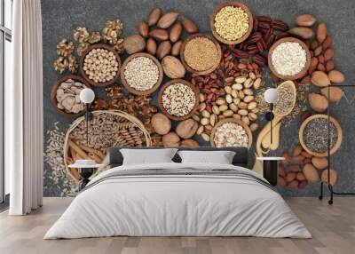 Food with high fibre content for a healthy diet with whole wheat bread, whole grain pasta, nuts, seeds, legumes, grains and cereals. High in antioxidants, anthocyanins, vitamins & omega 3 fatty acids. Wall mural