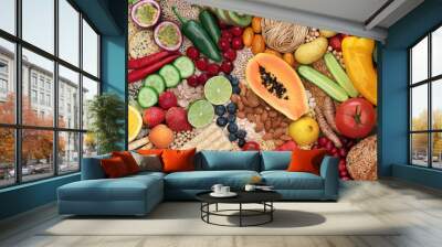 Healthy food for vegans with foods high in protein, vitamins, minerals, anthocyanins,  antioxidants, fibre, omega 3 & smart carbs. Ethical eating for a healthy planet concept. Flat lay, top view. Wall mural