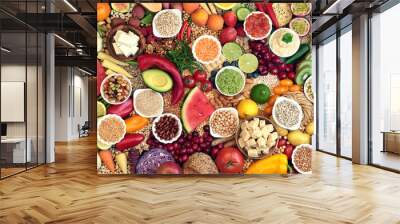 Large vegan health food collection with foods hgh in protein, vitamins, minerals, anthocyanins, antioxidants, fibre, omega 3 and smart carbs. Healthy ethical eating concept. Flat lay. Wall mural