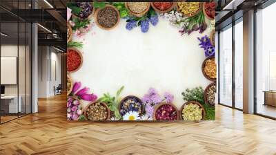 Medicinal herb and flower border with fresh and dried herbs and flowers used in natural herbal medicine and homoeopathic remedies on parchment paper background. Wall mural