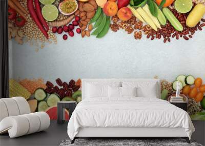 Vegan health food background border with a large collection of foods. High in protein, vitamins, minerals, antioxidants, anthocyanins, fibre, omega 3 & smart carbs. Ethical eating concept. Flat lay. Wall mural