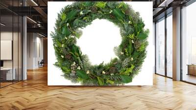 Winter and christmas wreath with mistletoe, cedar, juniper fir, blue spruce and ivy leaves on white background. Wall mural